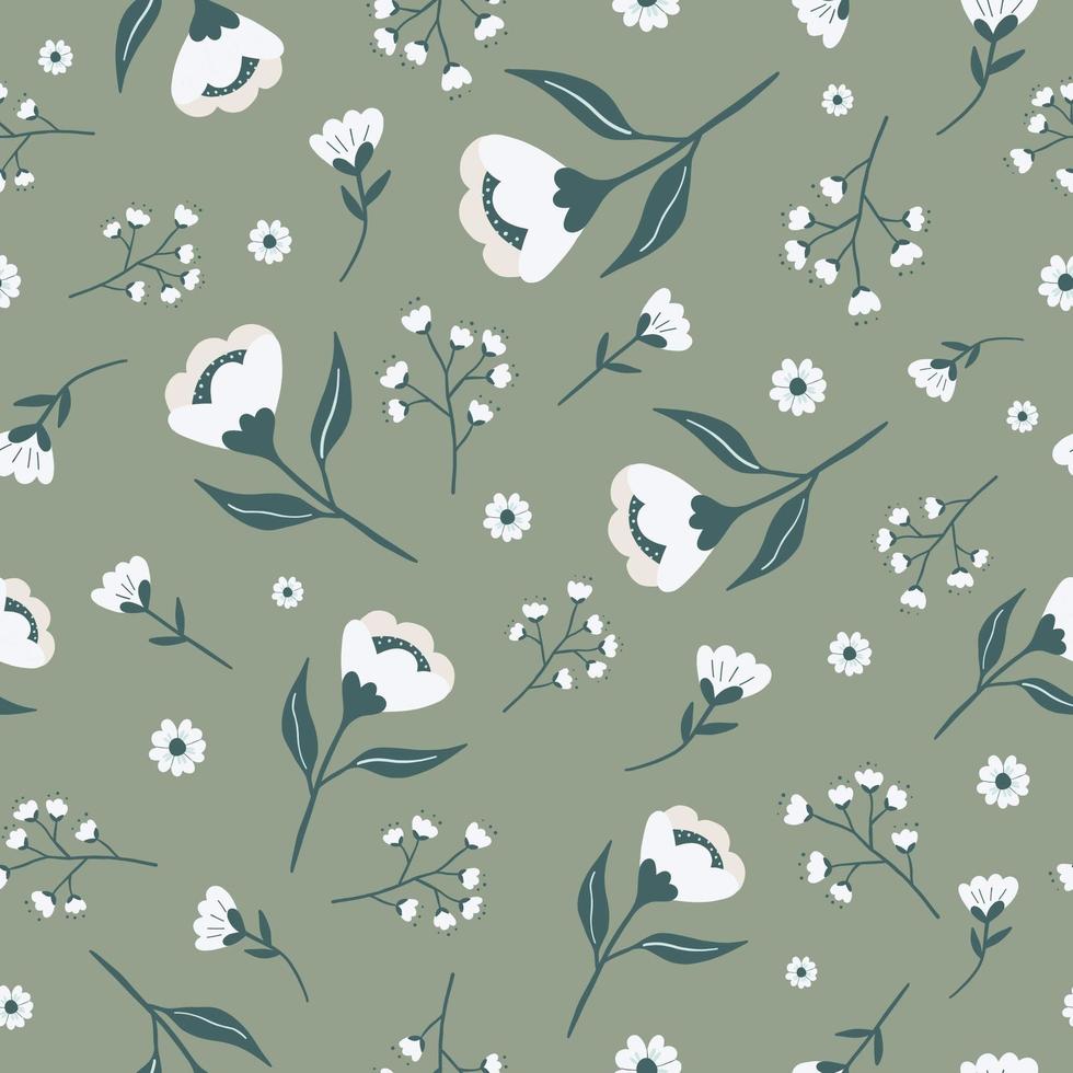 Natural flower branches vector seamless pattern. Natural Eco organic concept. Hand-drawn ditsy flower repeat pattern.