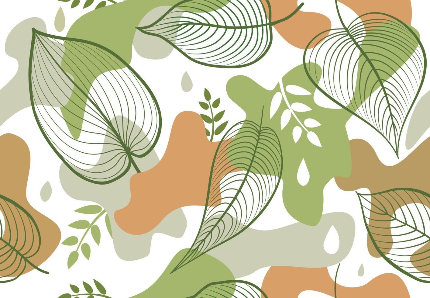 Seamless pattern with organic shape blots in memphis style. Stylish floral painted wallpaper with leaves. vector