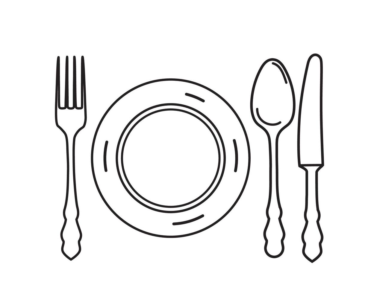 Cutlery set. Plate, fork, knife, spoon icon design elements. Line art eating symbol set. vector