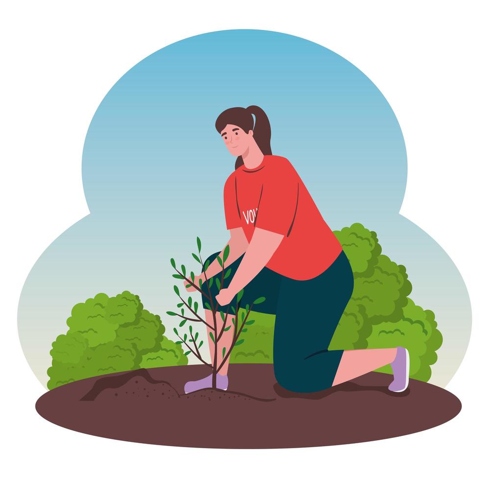 volunteer woman planting a tree, ecology lifestyle concept vector