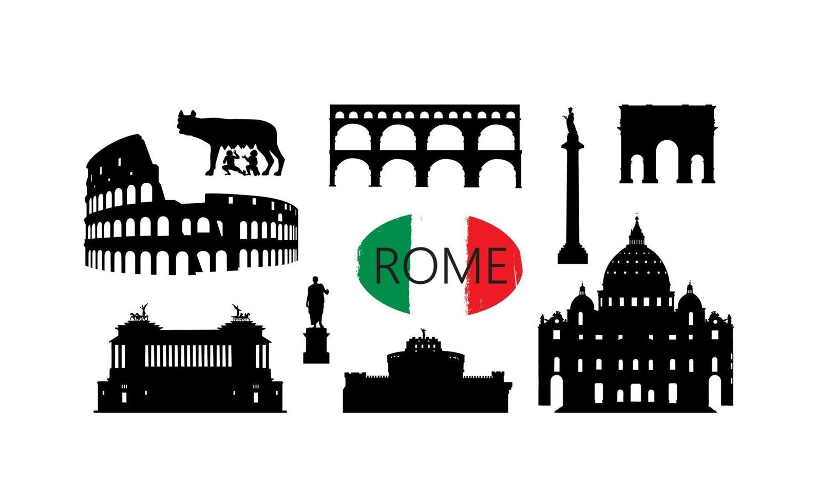 conjunto de hito de viajes de roma. iconos de silueta de lugares famosos italianos. vector