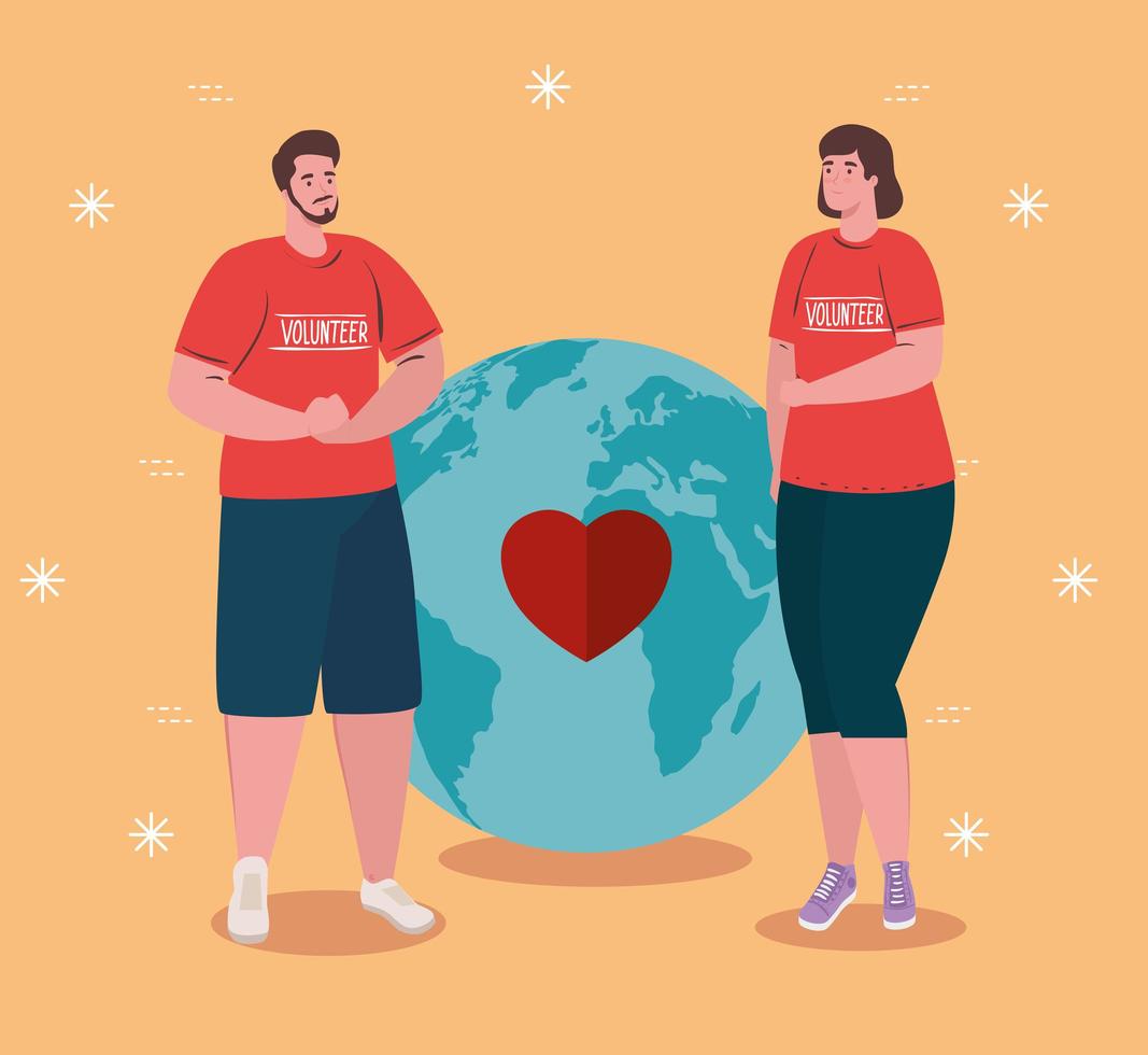 Pareja de voluntarios vistiendo camisetas rojas con el planeta mundial y el corazón, la caridad y el concepto de donación de atención social vector