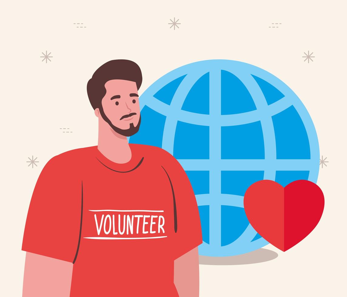 volunteer man with globe and heart, charity and social care donation concept vector