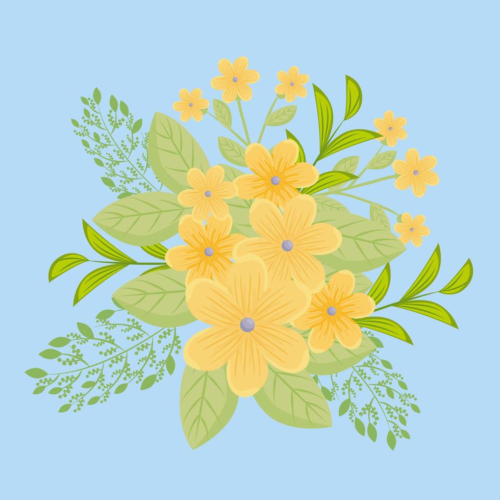 Yellow flowers with branches and leaves for nature decoration vector