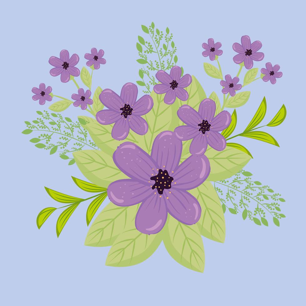 Purple flowers with branches and leaves for nature decoration vector