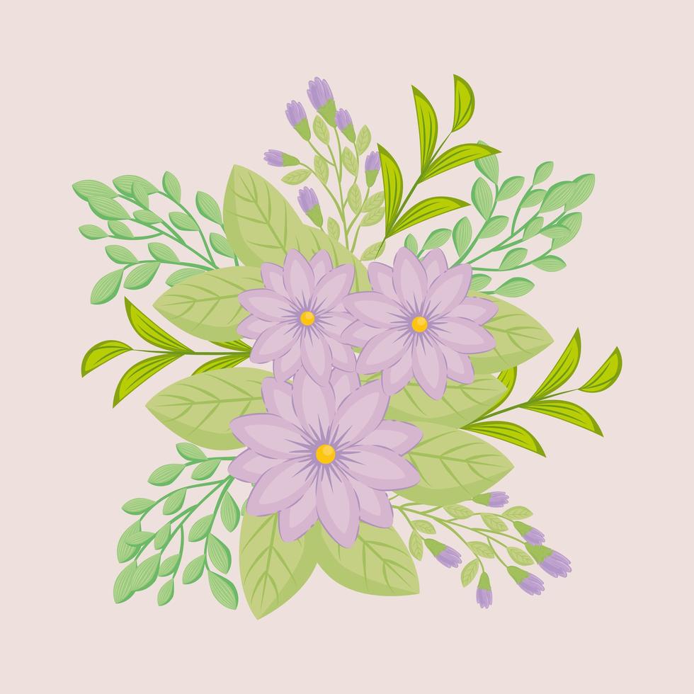 Purple flowers with branches and leaves for nature decoration vector
