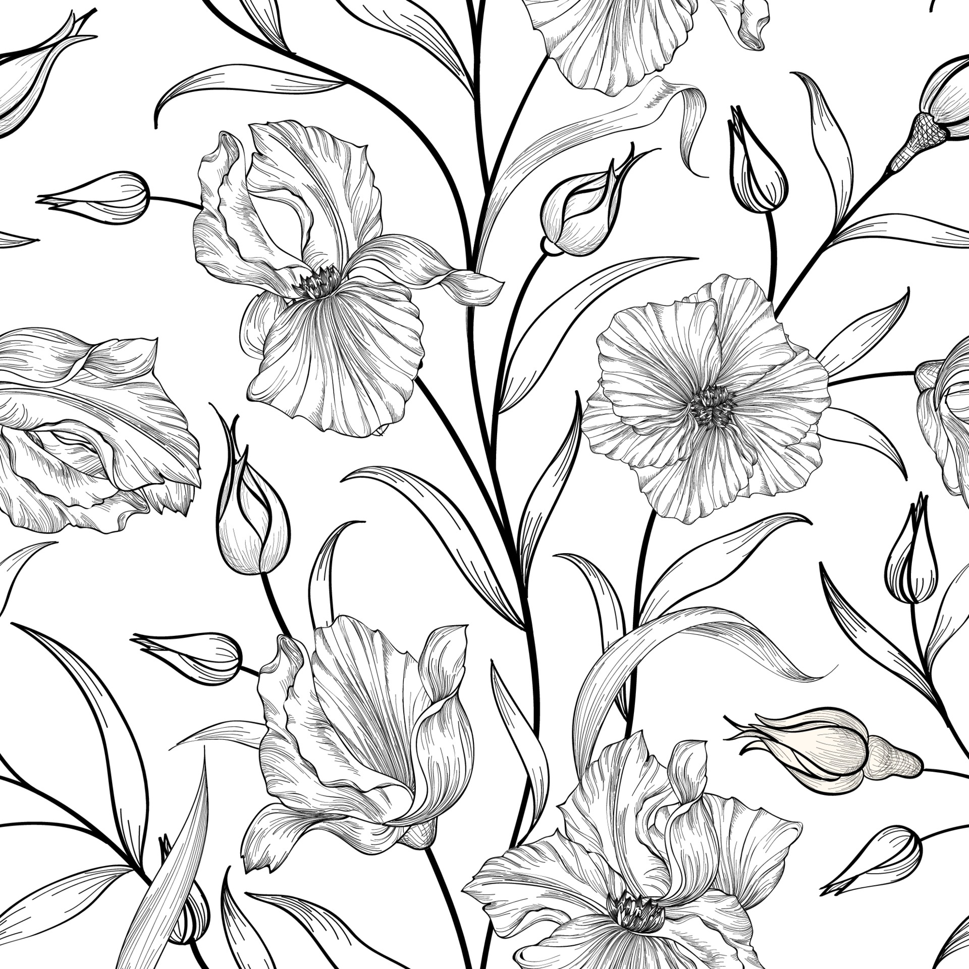 Floral seamless pattern. Flower garden hand-drawn line art