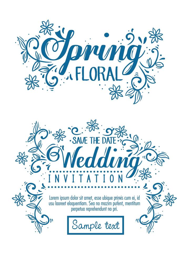 Invitación de boda y tarjeta floral de primavera con decoración de flores y hojas. vector