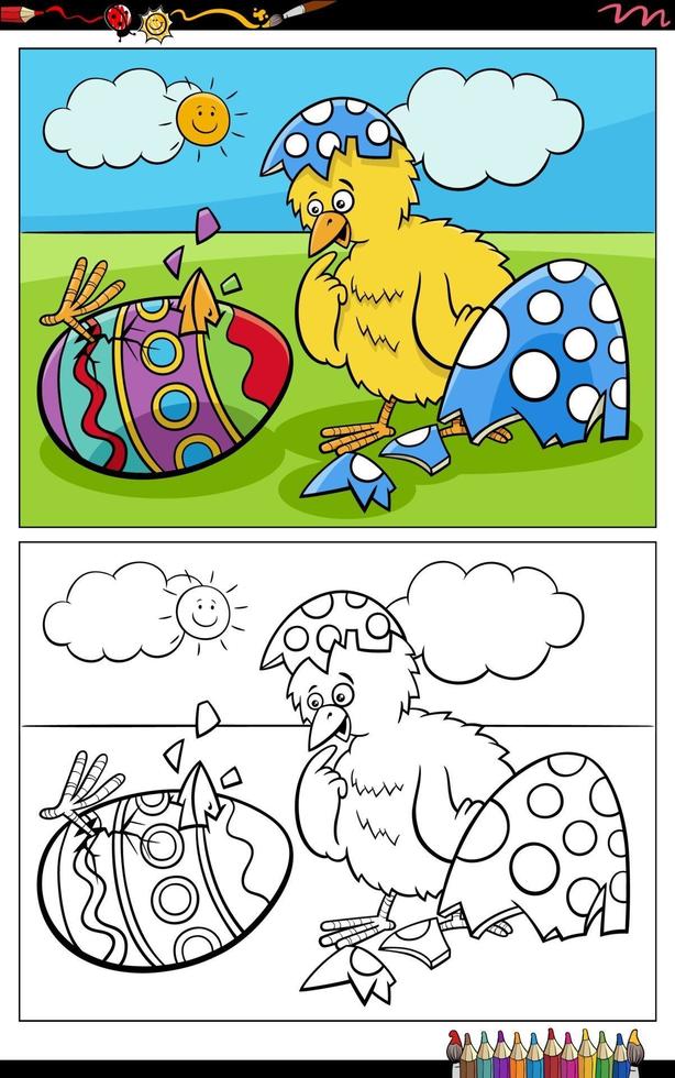 cartoon Easter chick hatched from egg coloring book page vector