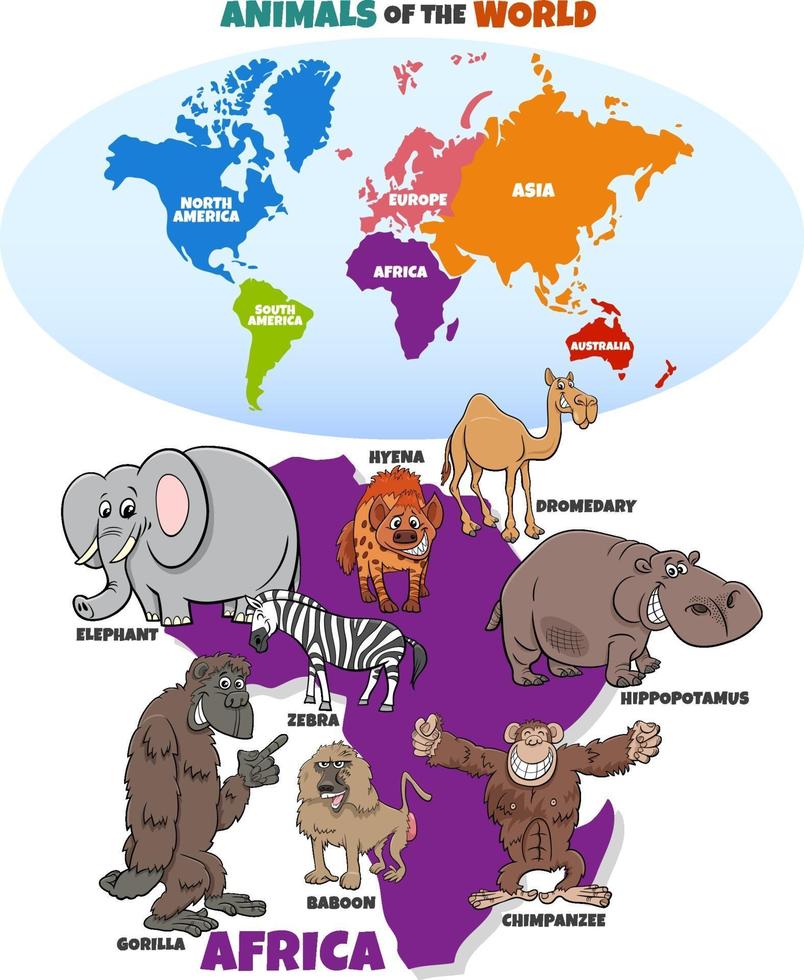 Ilustración educativa con mapa de continentes y animales africanos vector