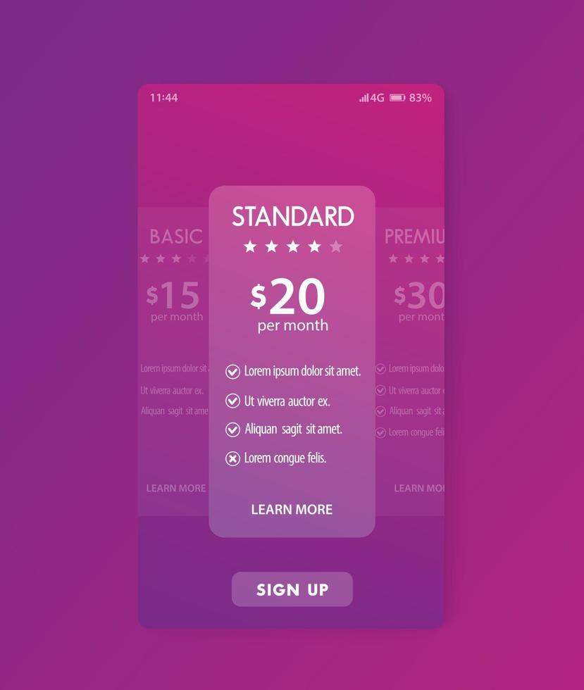 Banner for tariffs with prices, mobile template.eps vector