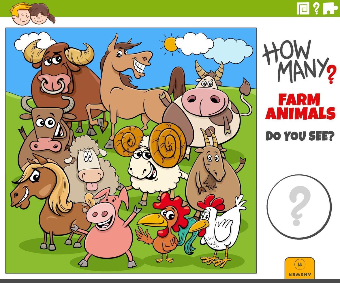 how many farm animals educational cartoon game for children vector