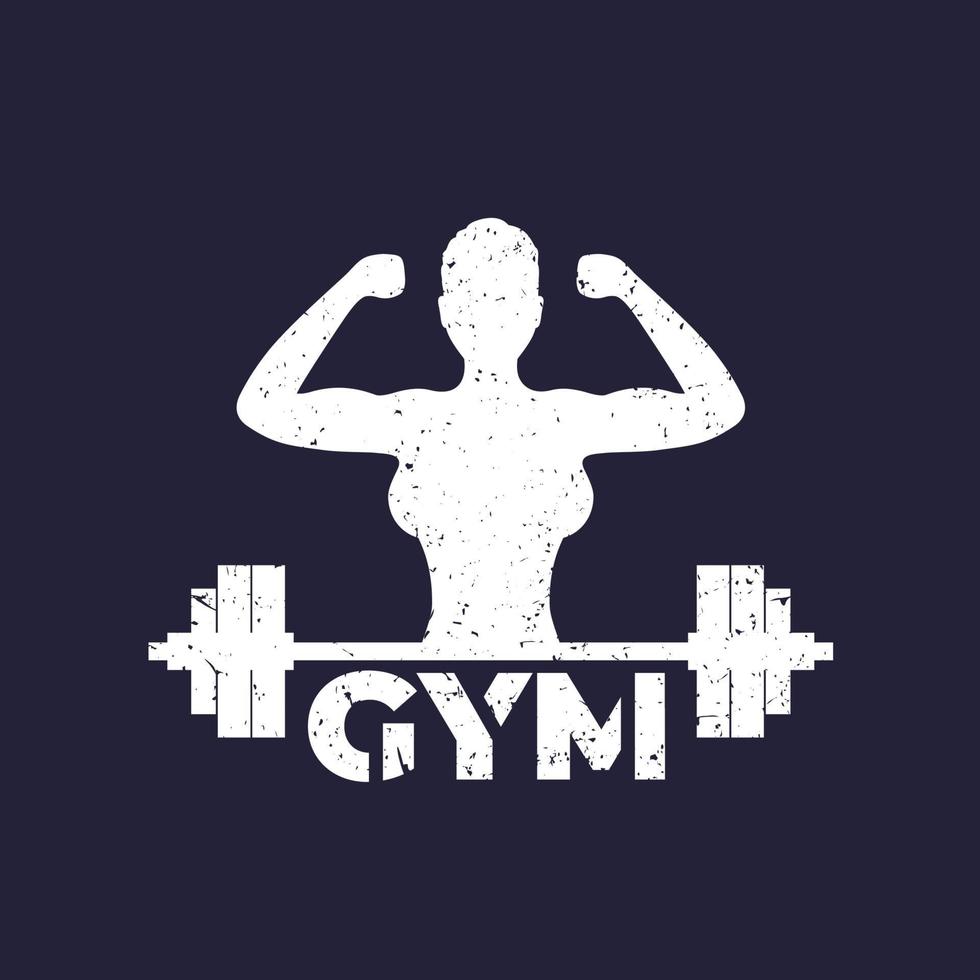 Logotipo de gimnasio con chica fuerte y barra, con textura grunge.eps vector