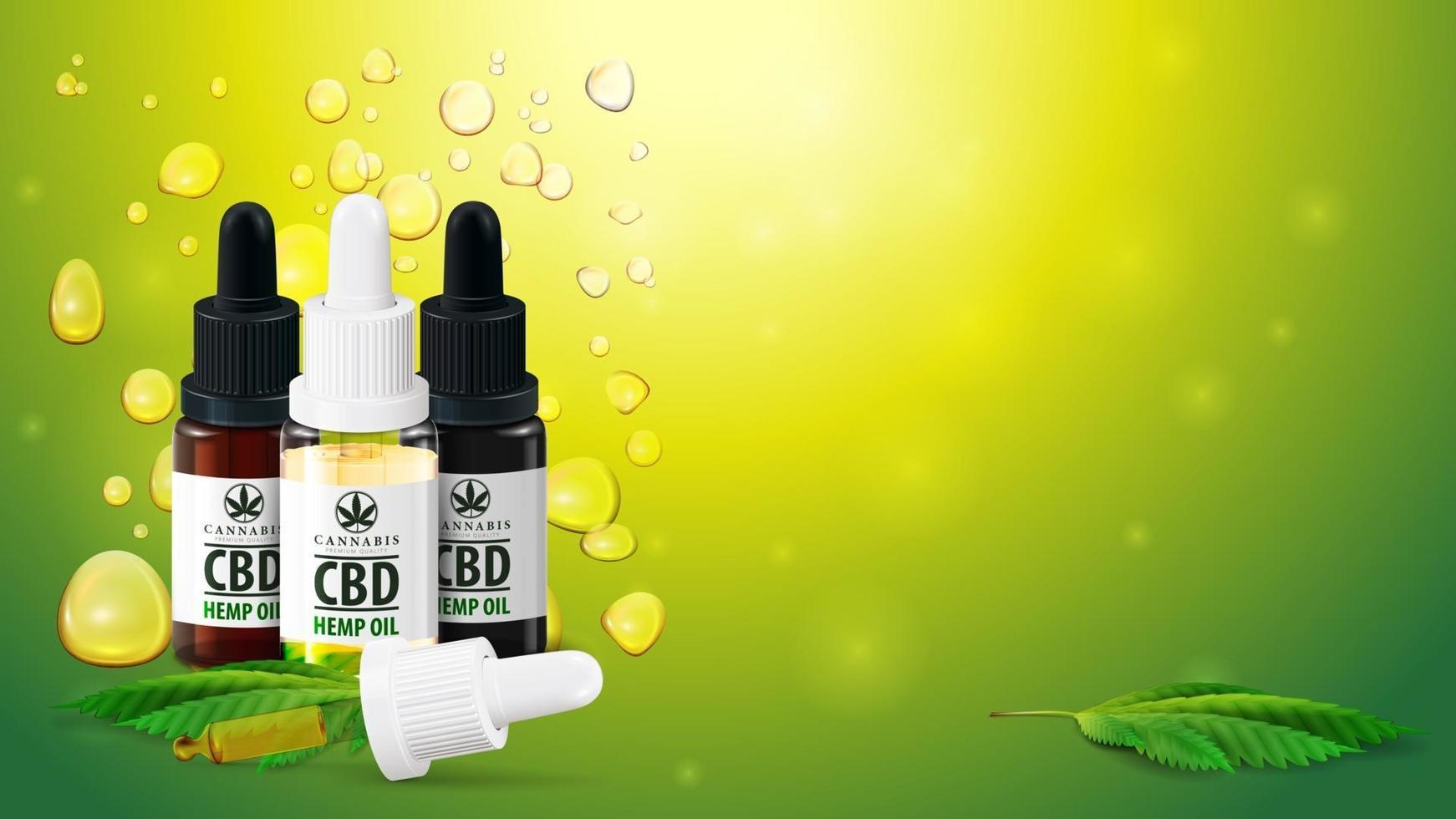 Blank template with copy space, CBD oil bottles with pipette and marijuana leafs on blurred green background with Cannabis oil gold bubbles. vector