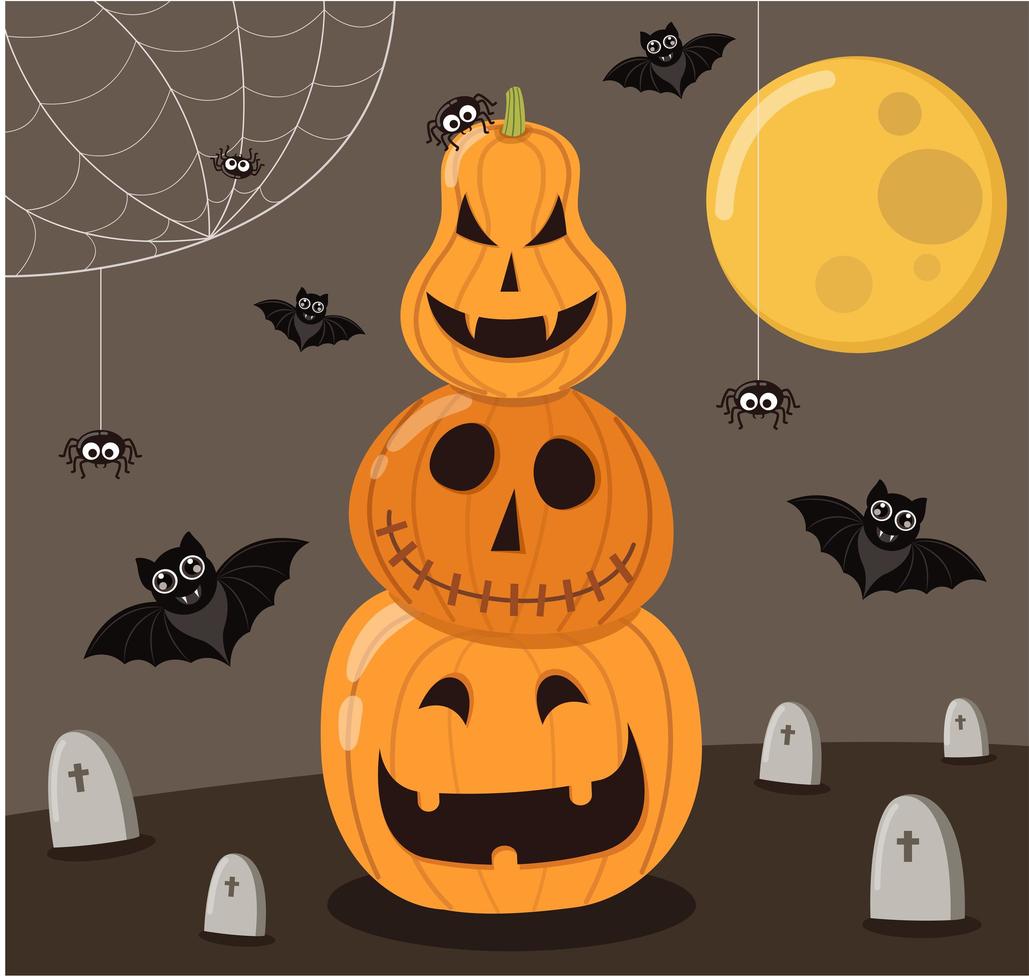 Tarjeta de felicitación de fiesta de halloween feliz con lindo murciélago vampiro y calabaza. vector