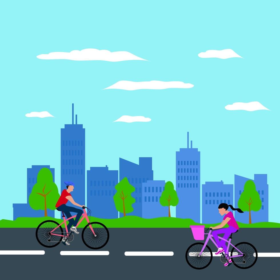 hombres y mujeres en bicicleta casualmente de vacaciones en medio de la ciudad ilustración plana vector