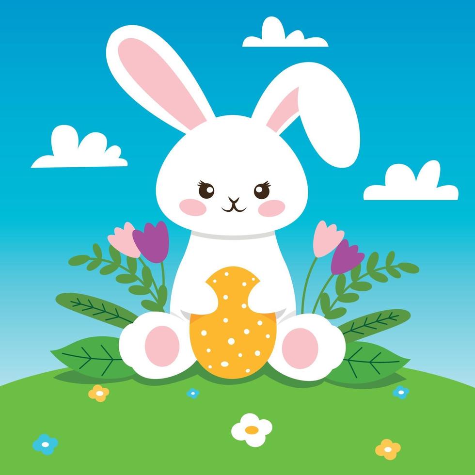 Easter bunny with flowers and yellow egg vector