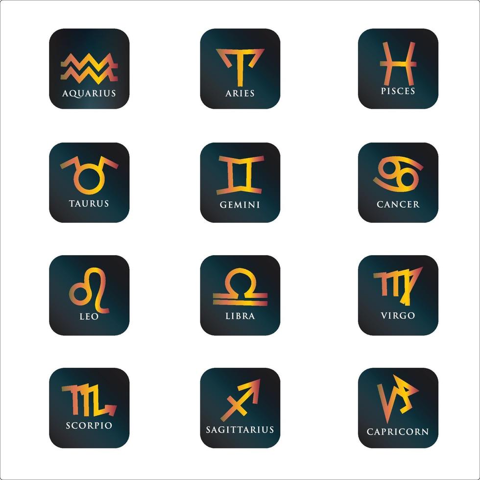 Zodiac icon Set. Star sign for astrology horoscope. Dark Button color and gold zodiac sign vector