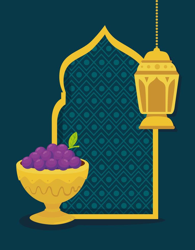 eid al adha celebration card with grapes in a golden cup and lantern vector