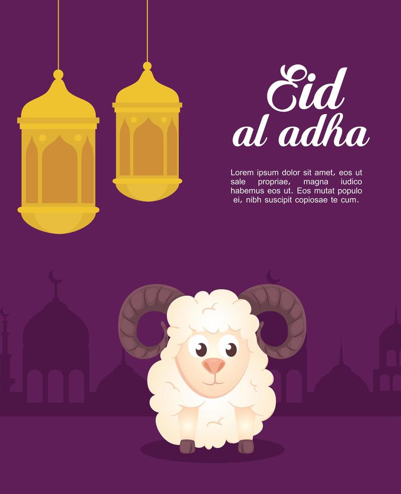 celebración de eid al adha mubarak con ovejas y linternas colgando vector