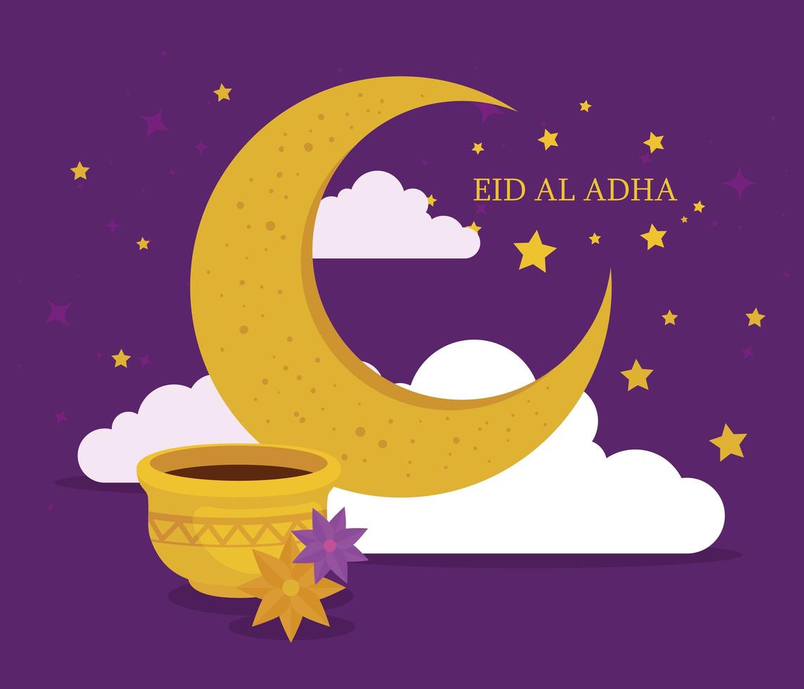 Eid al adha mubarak celebration with moon and ceramic pot vector