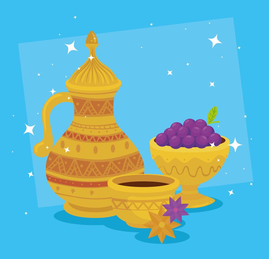 eid al adha celebration card with golden jar and grapes vector