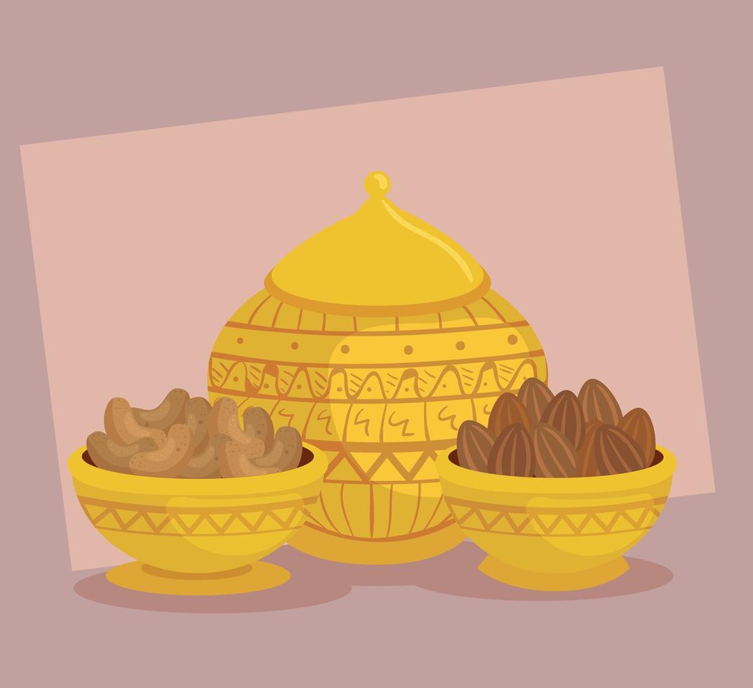 eid al adha celebration card with golden bowls and food vector