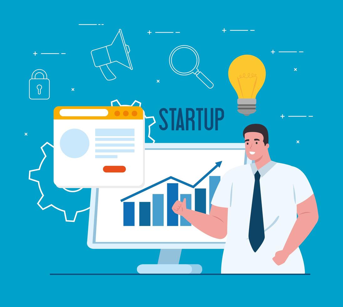 Startup business concept banner with businessman and computer vector