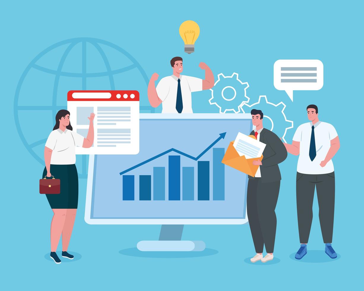 Startup business concept banner with businesspeople with computer vector