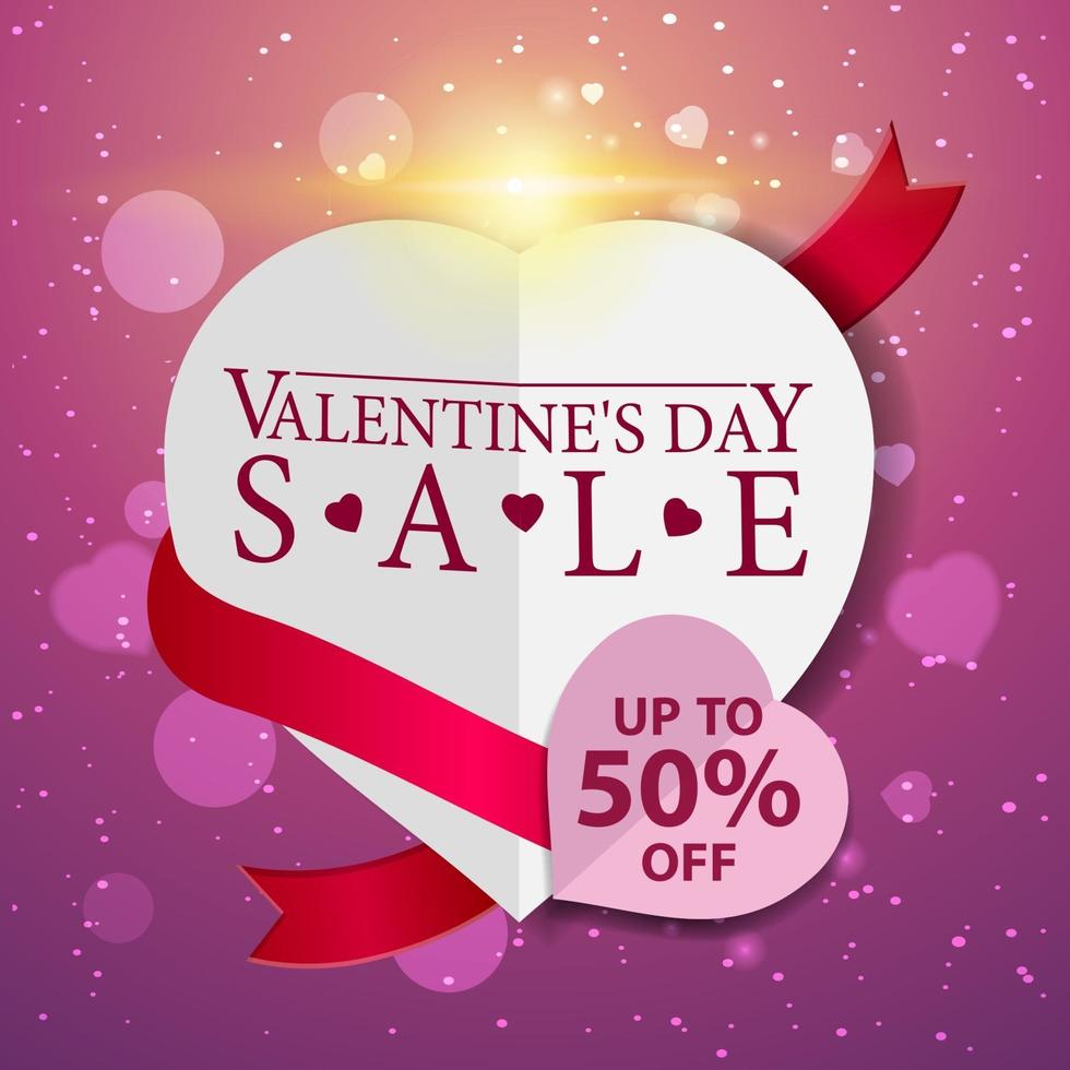 Valentine's day sale, up to 50 off, pink square discount banner with large paper hearts with offer vector