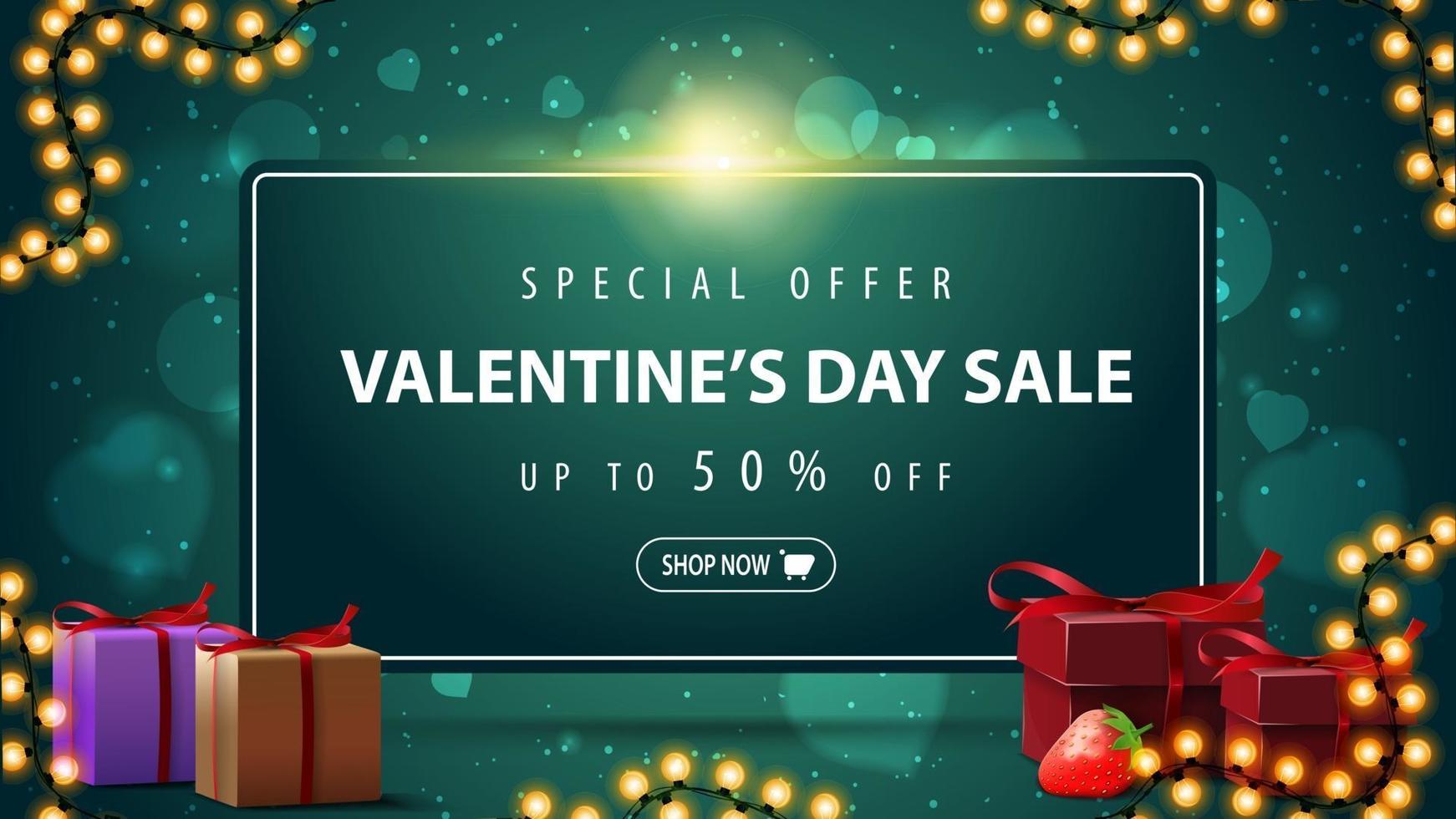 Oferta especial, venta del día de San Valentín, hasta 50 de descuento, banner web horizontal de descuento verde con marco de guirnaldas y regalos. vector