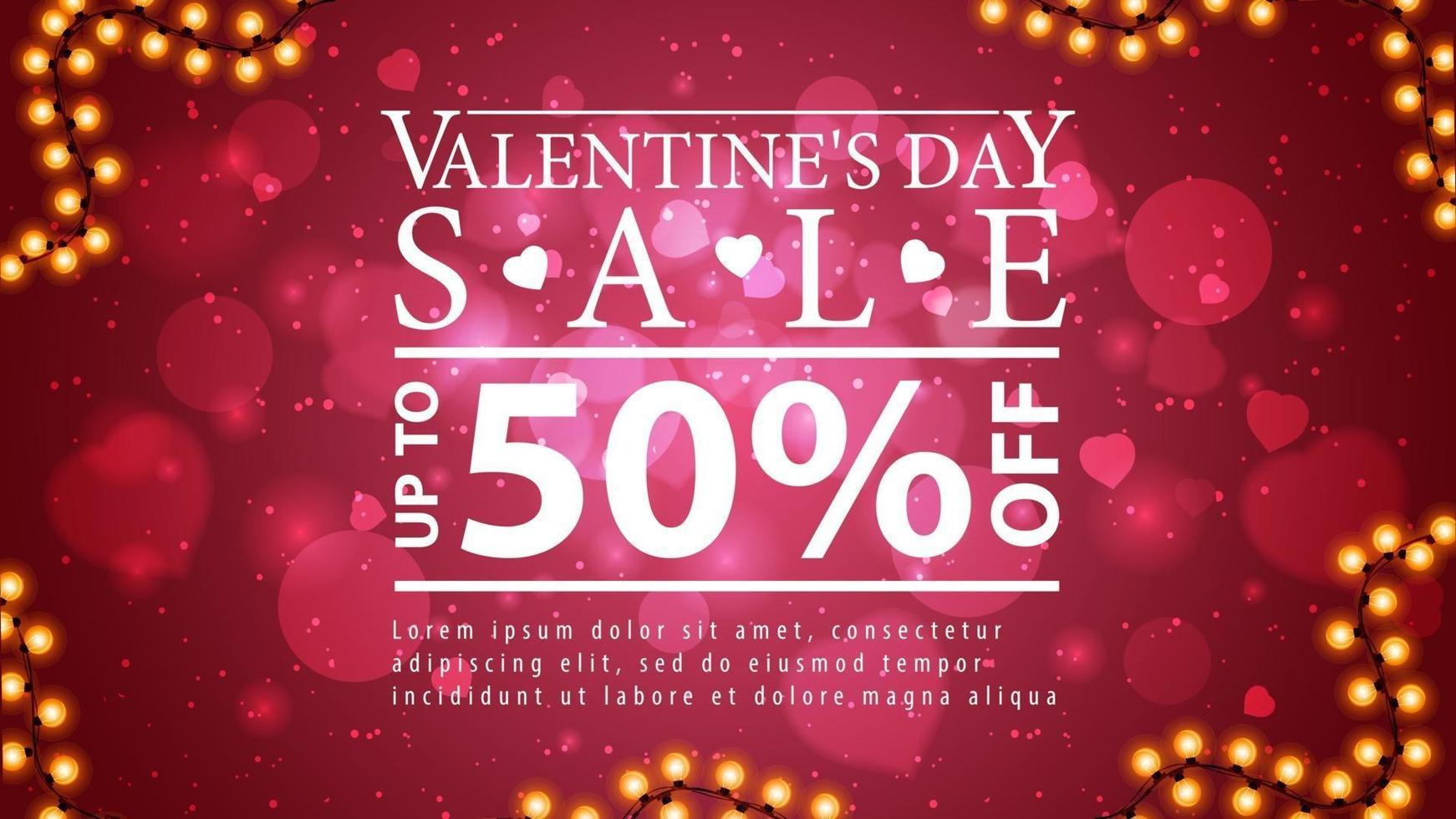 Valentine's day sale, red discount banner with garland frame and large white offer. vector