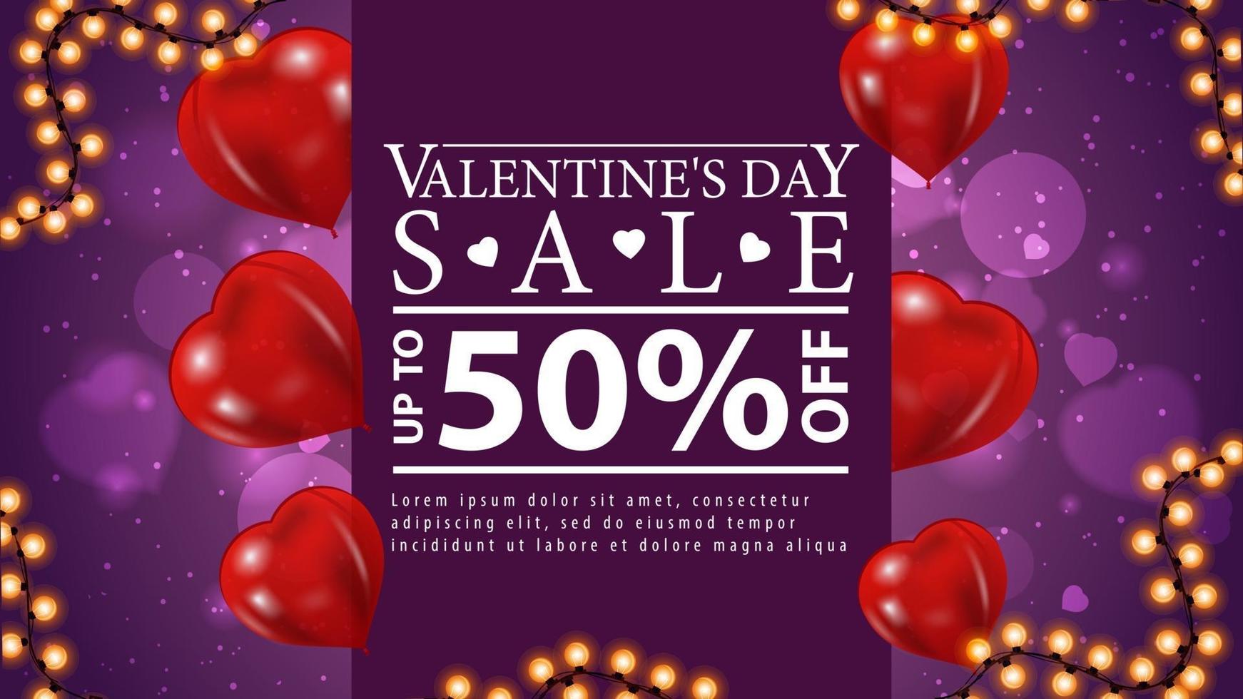 Valentine's day sale, purple web banner with garland frame, balloons shape of hearts and large white offer. vector