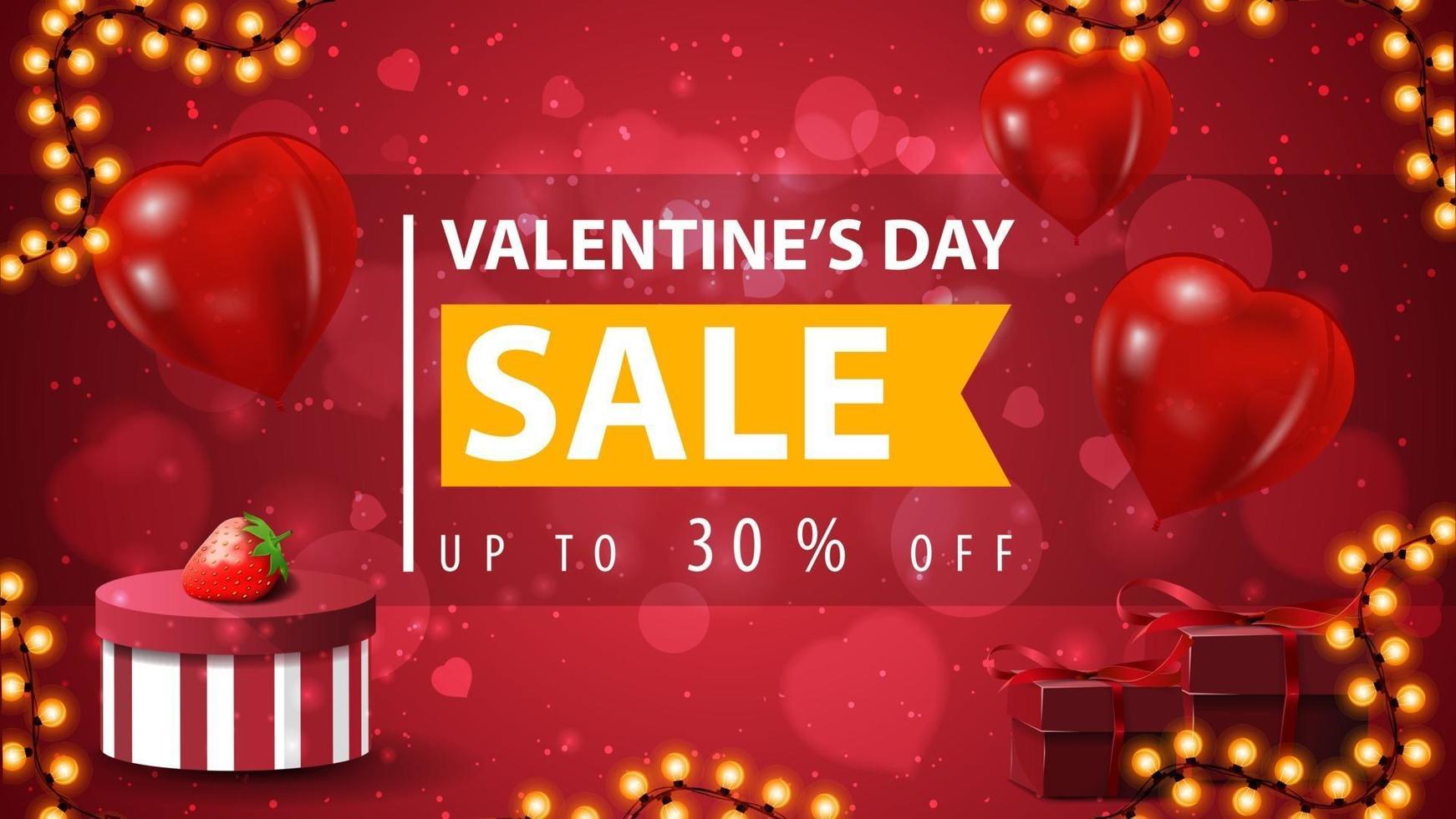 Valentine's day sale, up to 30 off, red discount banner with large offer with ribbon, garland frame, presents and heart shape balloons vector
