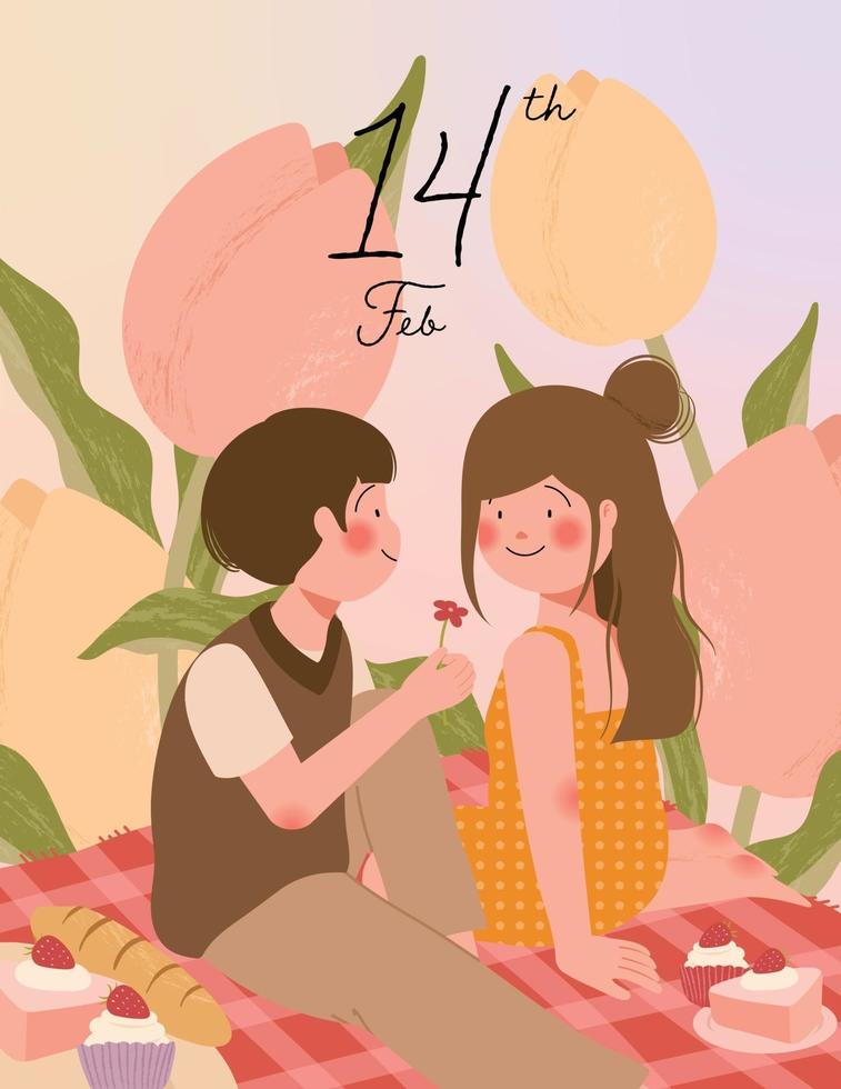 Tarjeta de feliz día de San Valentín con linda pareja de picnic durante la ilustración de vector de cita romántica