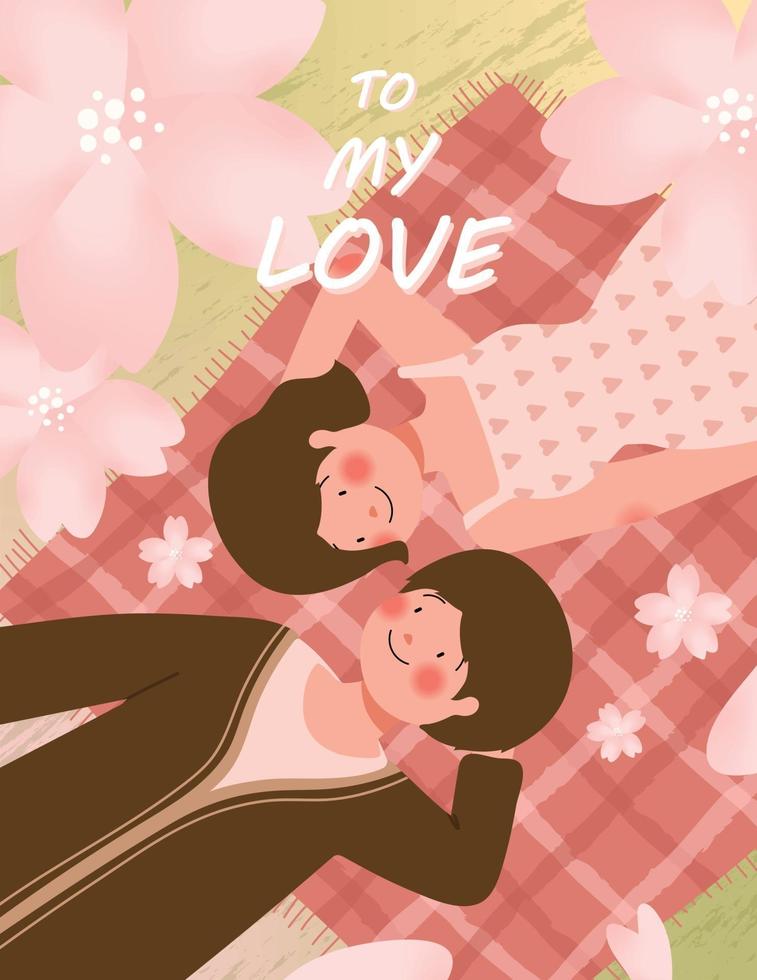 Happy Valentine's day card with cute couple on picnic during romantic date vector illustration