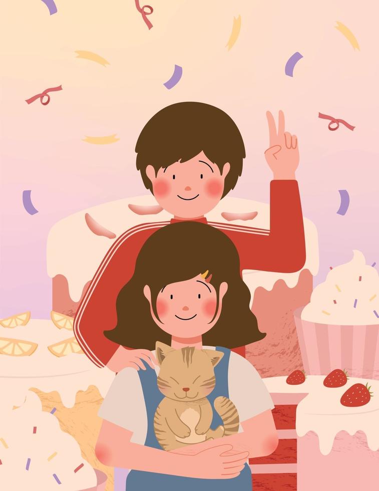 Tarjeta de feliz día de San Valentín con linda pareja y postre ilustración vectorial vector