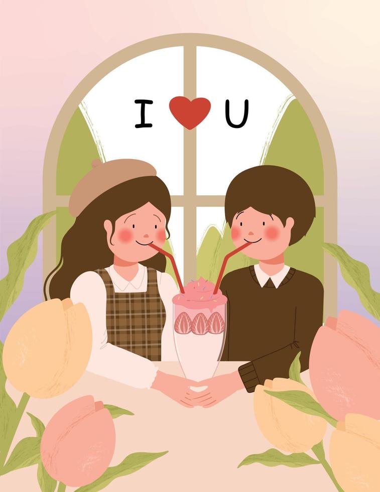 Happy Valentine's day card with cute couple on a date at cafe vector illustration