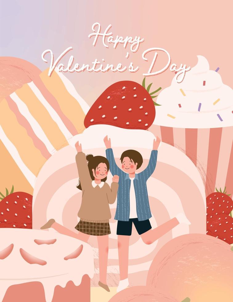 Happy Valentine's day card with cute couple and dessert vector illustration