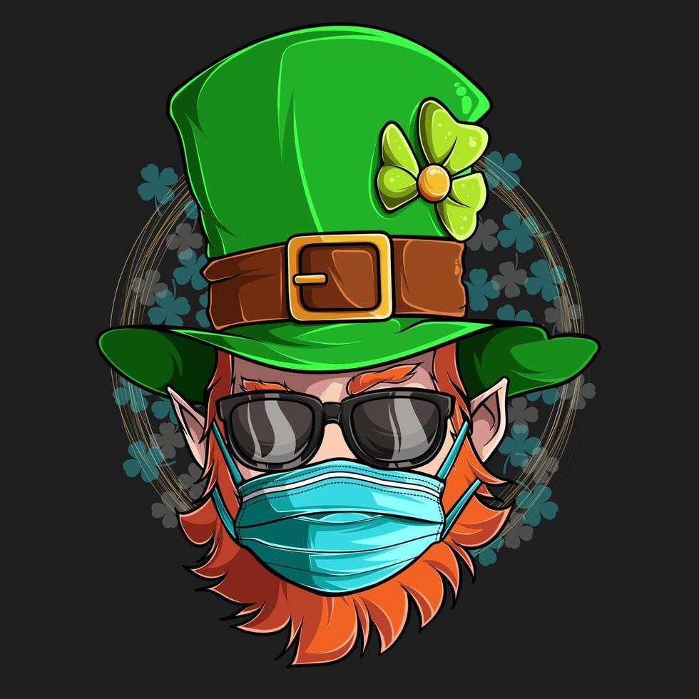 Cara de duende de San Patricio con gafas de sol y máscara médica, ilustración en alta calidad y sombras, para diseños del día de San Patricio vector