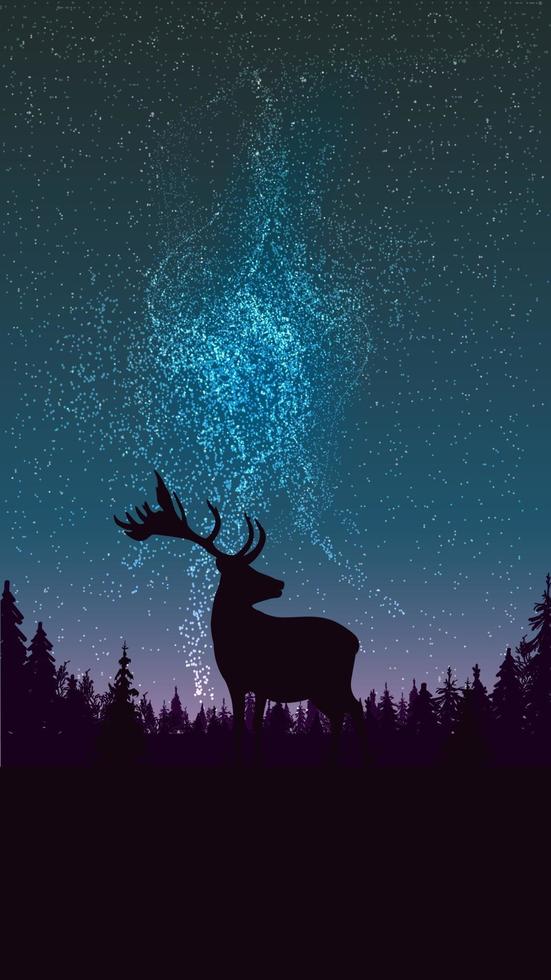 Starry sky, Northern lights, pine forest and silhouette of deer vector