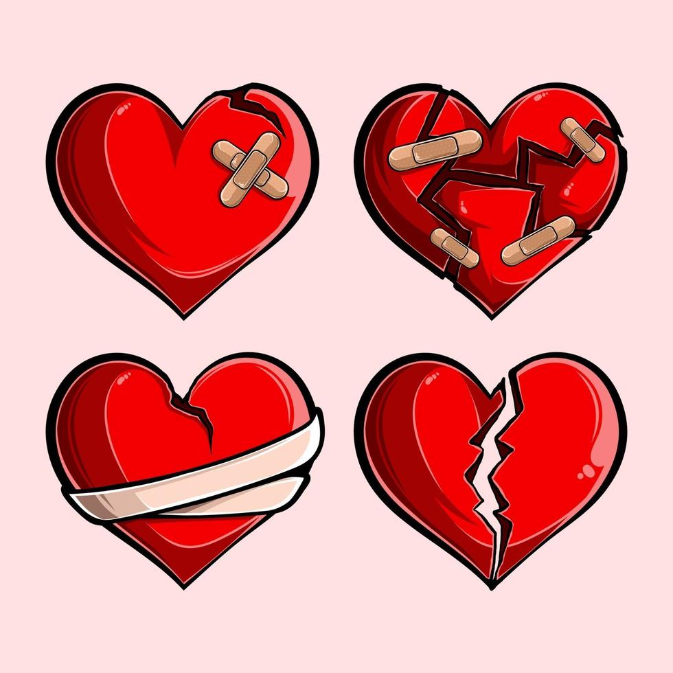 Romántico conjunto de corazones rojos rotos, roto atascado destrozado, recortado corazones rotos y amarrados vector