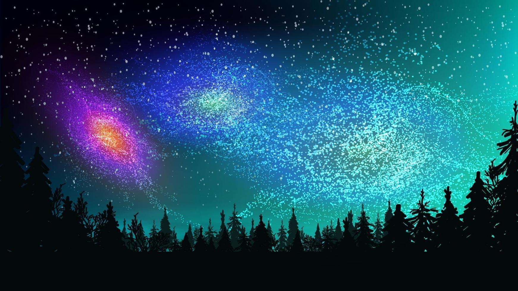 Bright constellations, galaxies in the dark starry sky above the pine forest vector