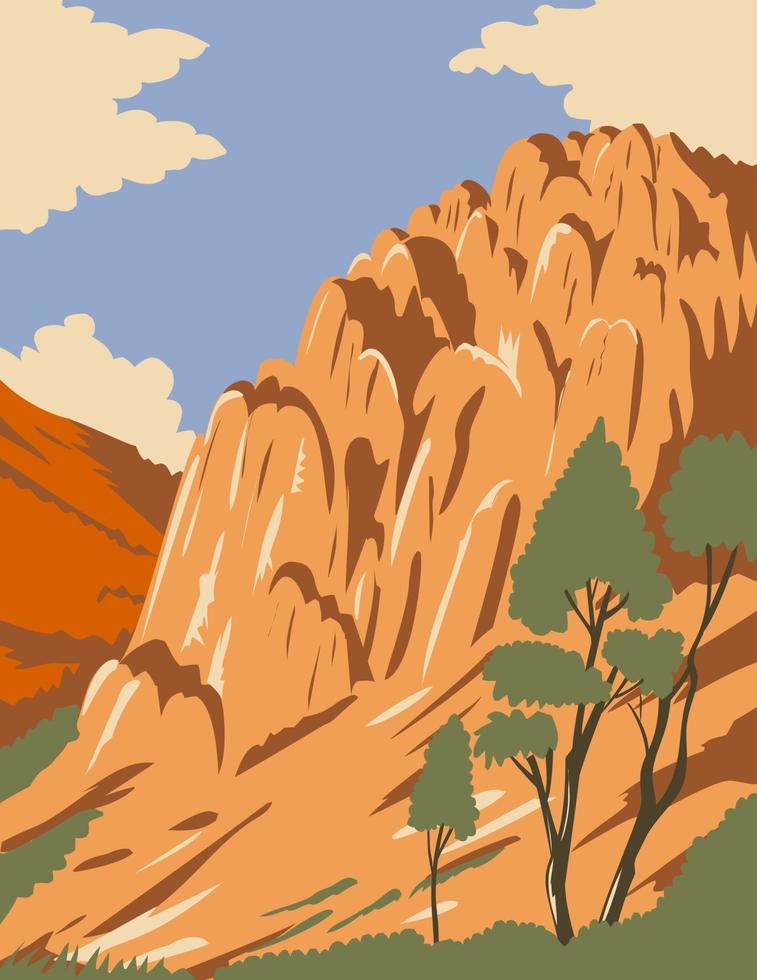 Parque nacional pinnacles con formaciones rocosas en el valle de salinas, california, estados unidos wpa poster art vector