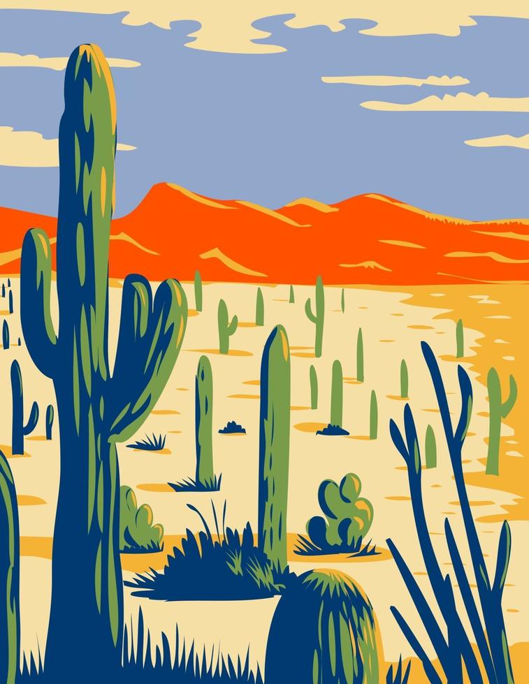 parque nacional saguaro con cactus saguaro gigante en el desierto de sonora condado de pima arizona wpa poster art vector