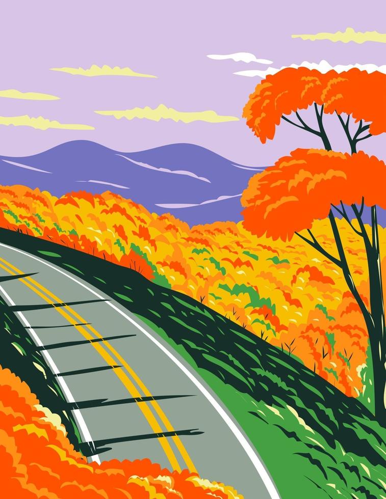 Skyline drive en el parque nacional shenandoah con las montañas blue ridge durante el otoño en virginia wpa poster art vector