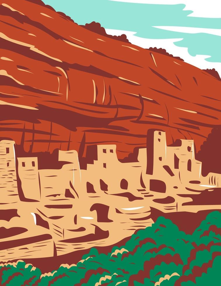 Parque Nacional Mesa Verde con viviendas ancestrales en acantilados de puebloan en colorado wpa poster art vector