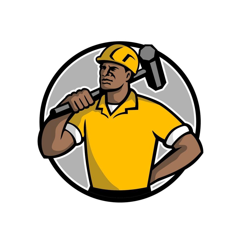 Trabajador de la construcción afroamericano con mazo retro círculo vector