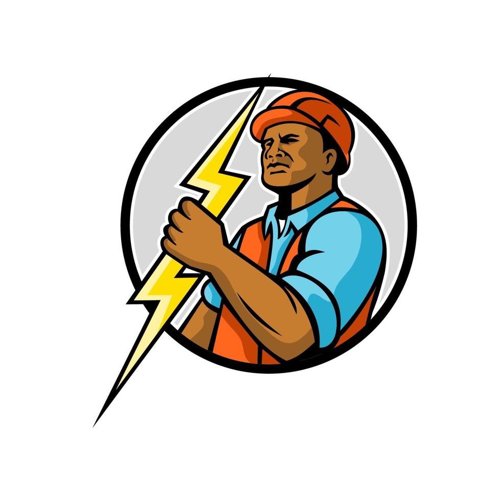 African American electrician holding lightning bolt circle retro vector