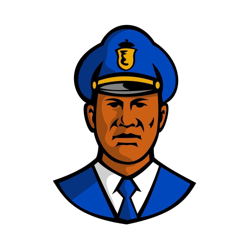 cabeza de policía americano africano, frente, retro vector